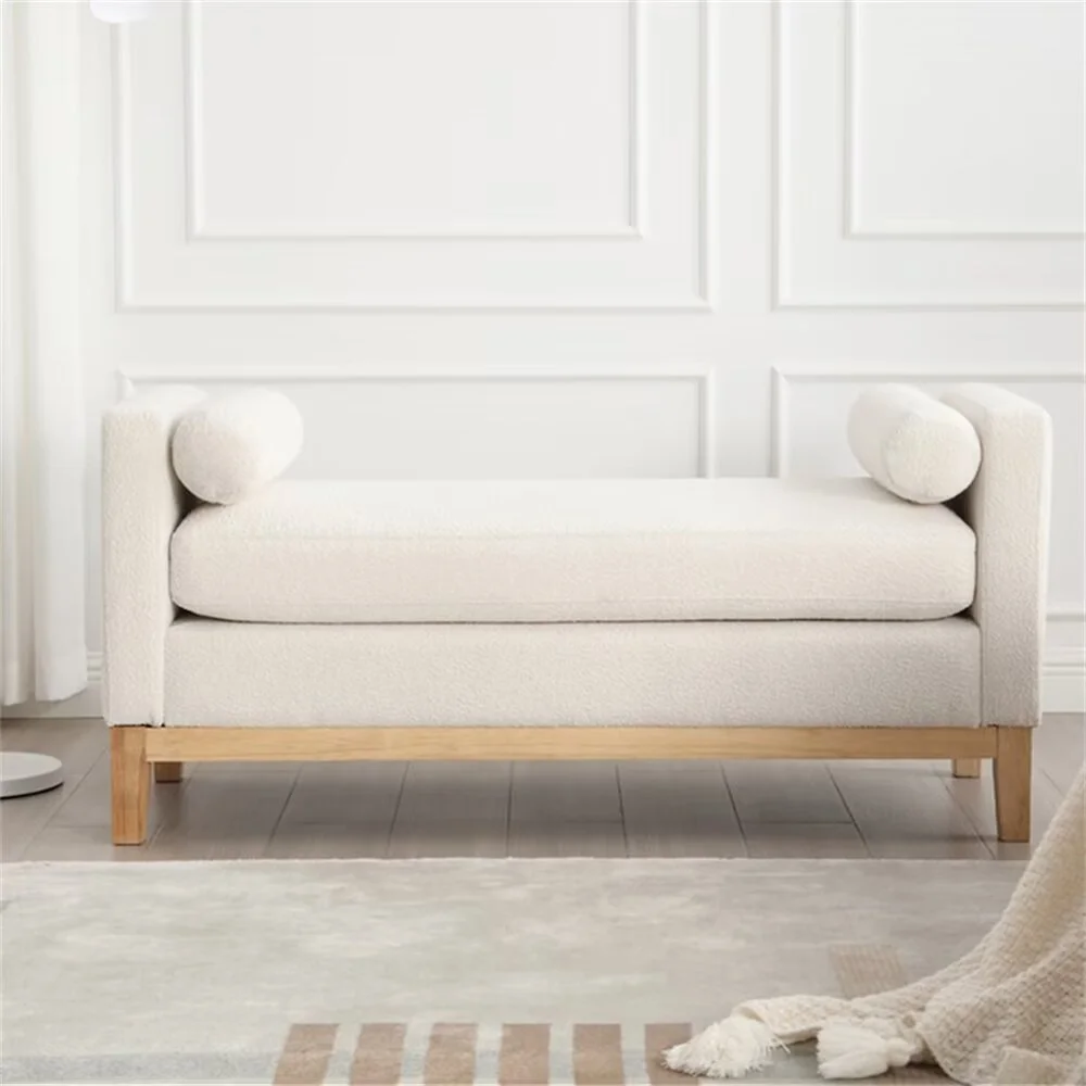 End of Bed Bench, 53.5" Boucle Fabric Upholstered Entryway Bench with Wood Legs & Bolster Pillows, Rolled Arm Cushioned Ottoman Foot Rest Long Stool Window Extra Seating for Bedroom, Ivory - Image 2
