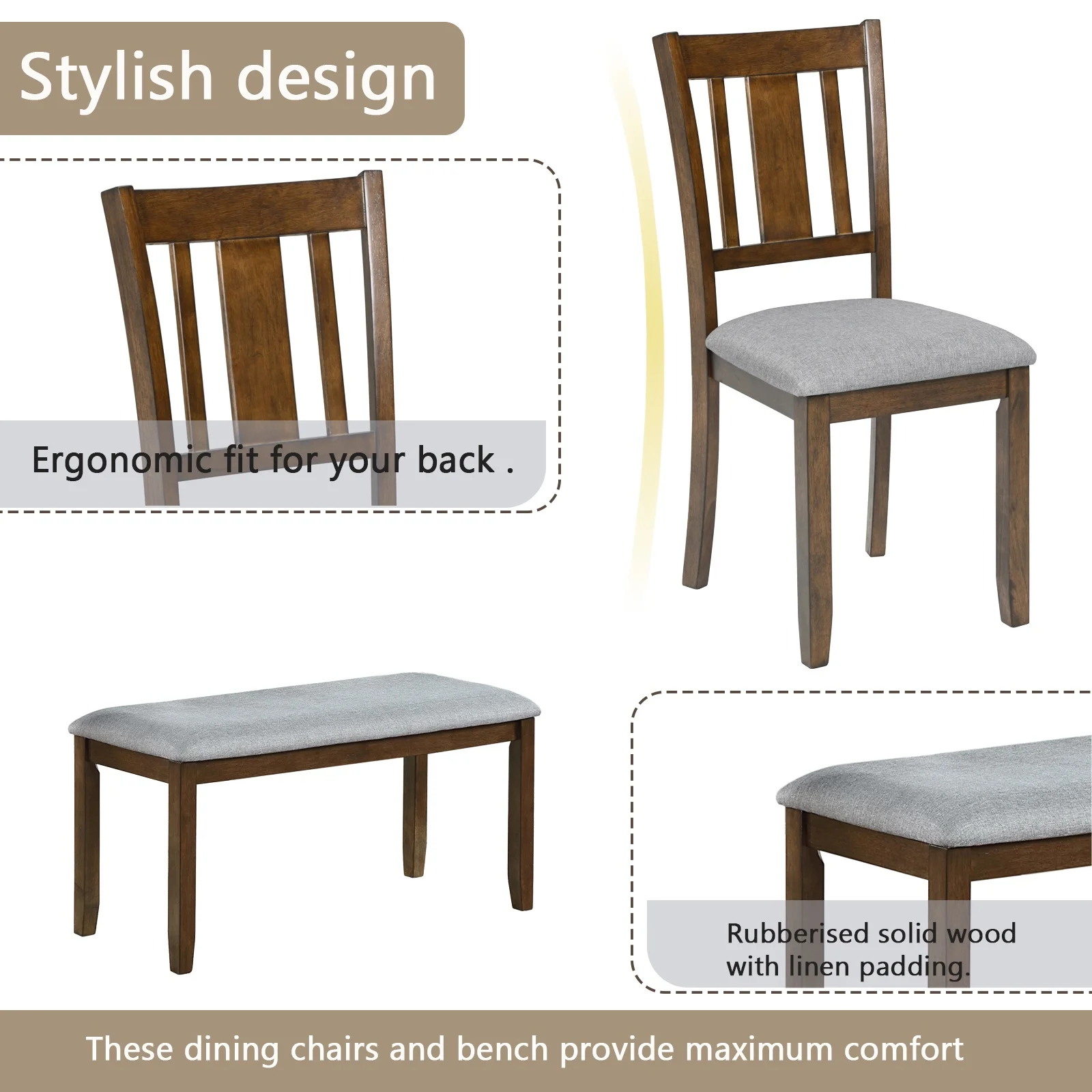Dining Room Set, LEGAHOME 6 Piece Dining Sets with Bench and Chairs, Solid Wood Kitchen Dining Table Set for 6 with Upholstered Chairs, Gray - Image 27