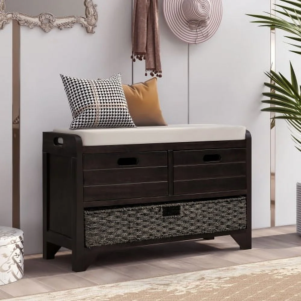 Solid Wood Storage Bench, Narrow Entryway Bench with 2 Drawers and Removable Basket, Classic Accent Shoe Bench with Storage and Removable Cushion for Hallway Living Room, Fully Assembled, Navy - Image 10