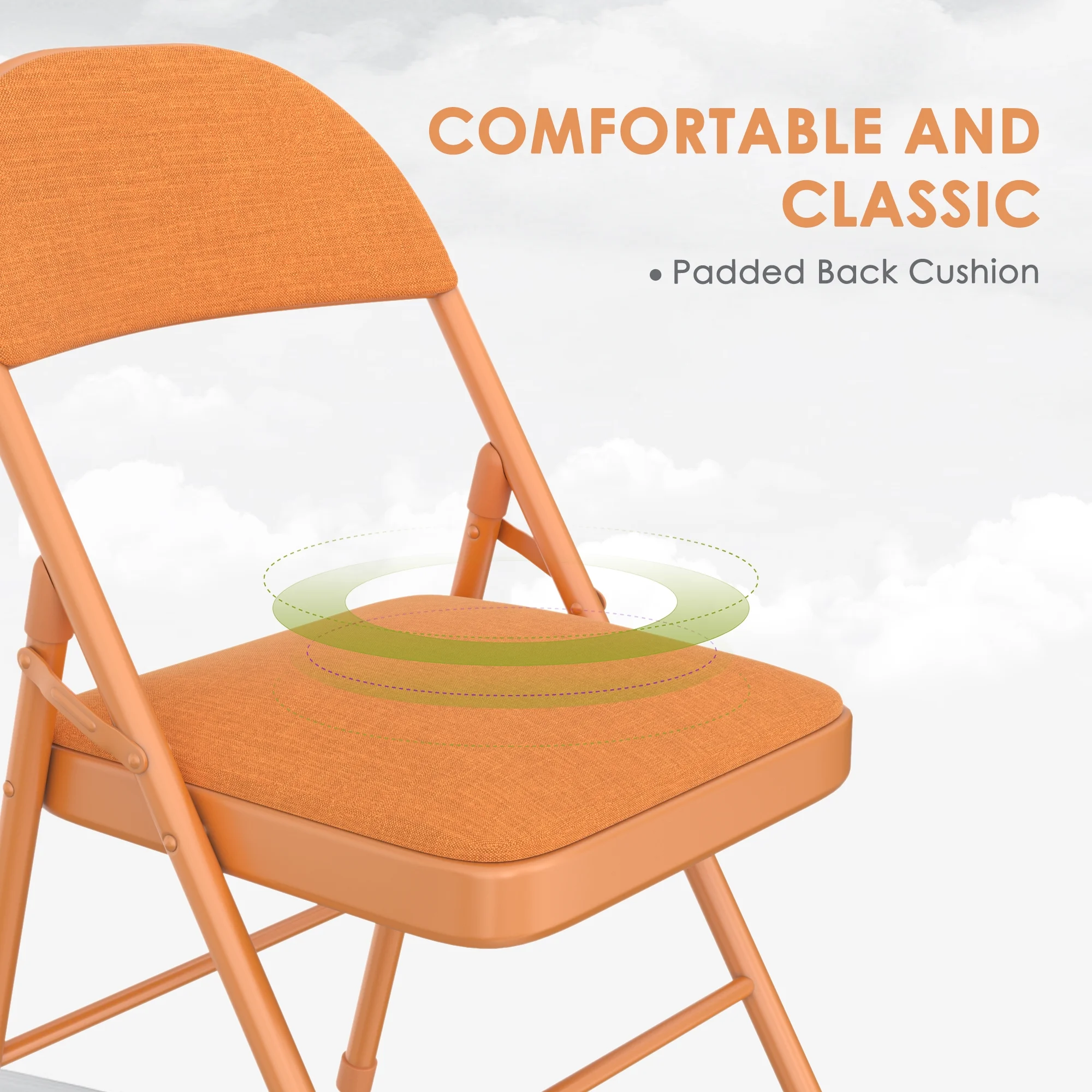 VECELO Set of 4 Folding Chairs, Fabric Dining Chair Set with Padded Cushion and Back, Indoor Outdoor Upholstered Seat with Metal Frame for Home Office Events Wedding Party, Orange - Image 10