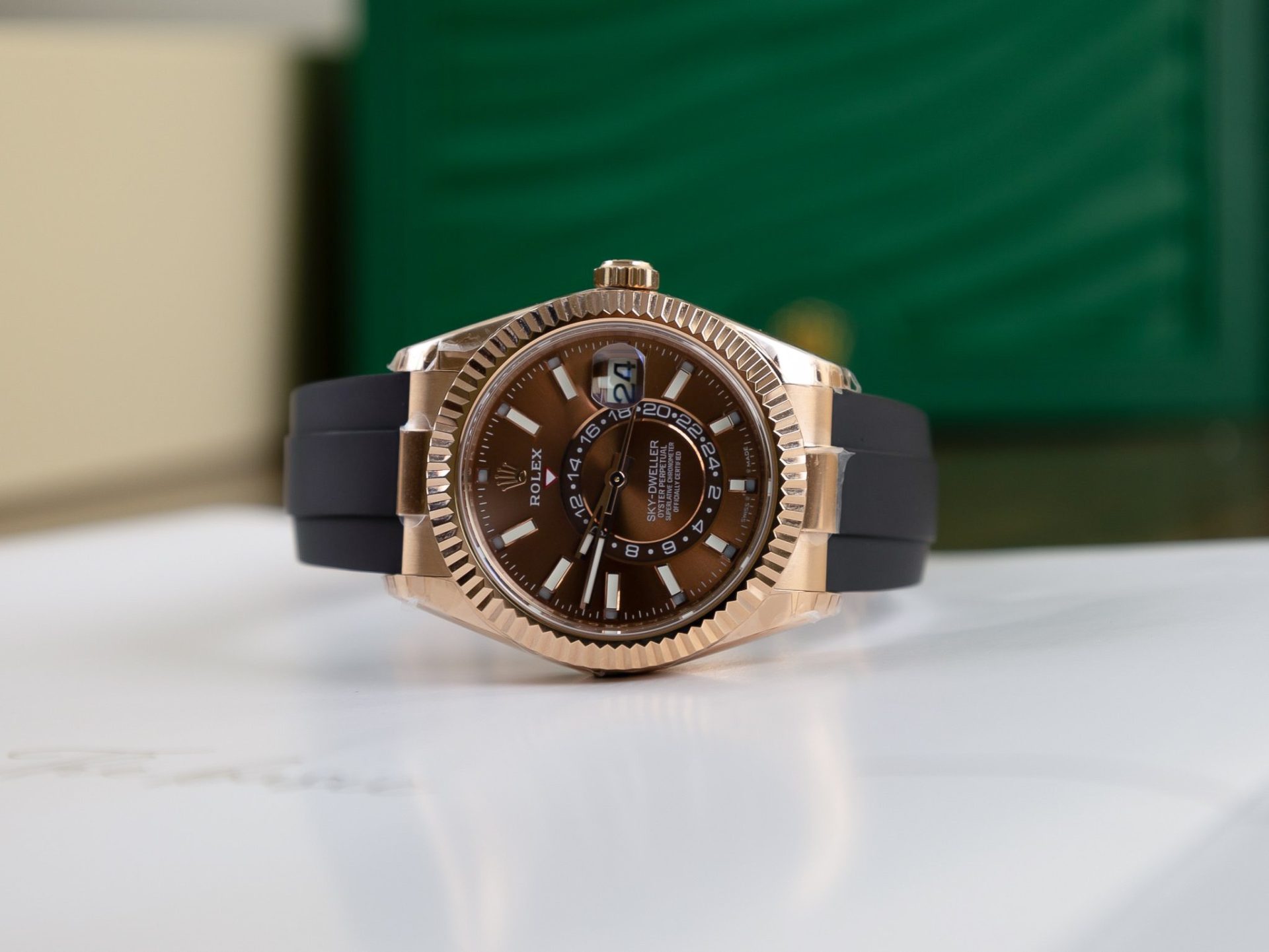 Rolex Replica 1:1 Watch Sky Dweller Chocolate Dial Rubber Strap 42mm - Elite Watch Atelier