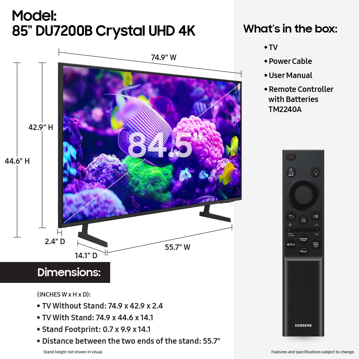 Samsung 85 DU7200B Crystal UHD 4K Smart TV with HDR, Motion Xcelerator, and Object Tracking Sound Lite