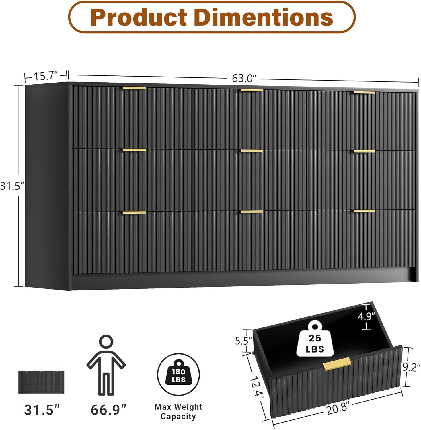Black Dresser for Bedroom, Modern Dresser with 9 Drawers and Smooth Slides, Wide Chest of Drawers with Golden Handles for Bedroom, Living Room, Closet, 15.7