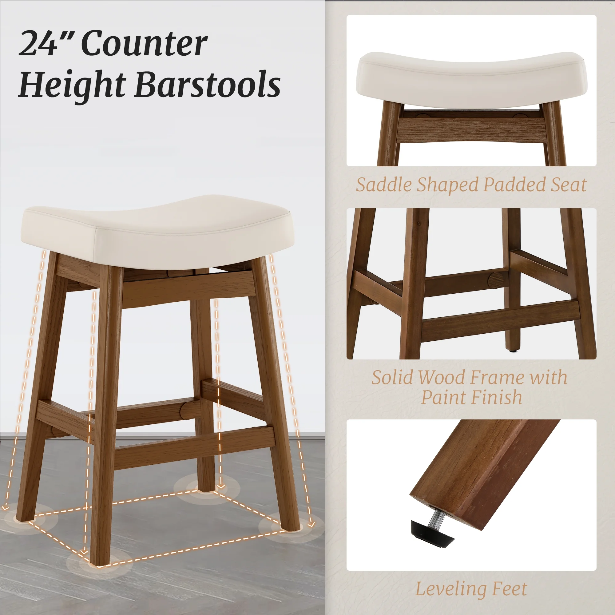 Dycanpo Saddle Seat Counter Height Bar Stools Set of 3 for Kitchen, Dining, 24in, Beige-Fabric - Image 19