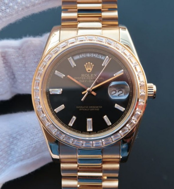 Replica Rolex Noob Day-Date 218399 YG Black Dial Bracelet A3255 - Elite Watch Atelier