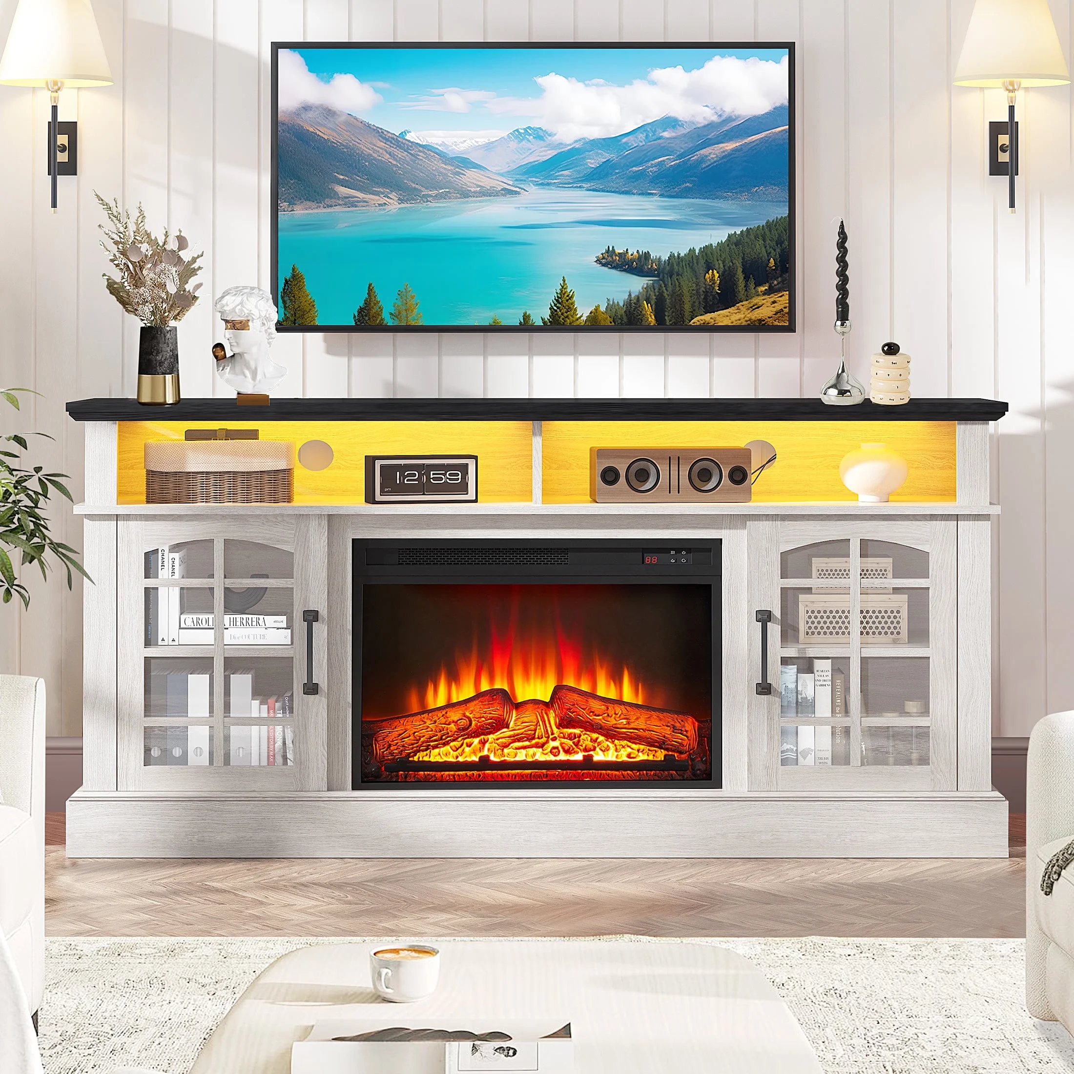 IMKHK Fireplace TV Stand for 65 Inch TV, LED TV Console Table with 2 Storage Cabinets, Media Entertainment Center Television Table with Electric Fireplace for Living Room Bedroom, Black+White