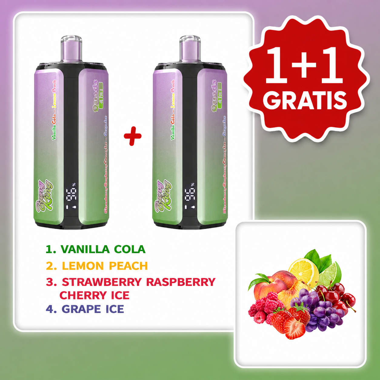 VAPSOLO BANG KING 250 000 puffów Quads 4in1 – 4 smaki; 15 ml × 4, 650 mAh, Type-C | 1+1 gratis
