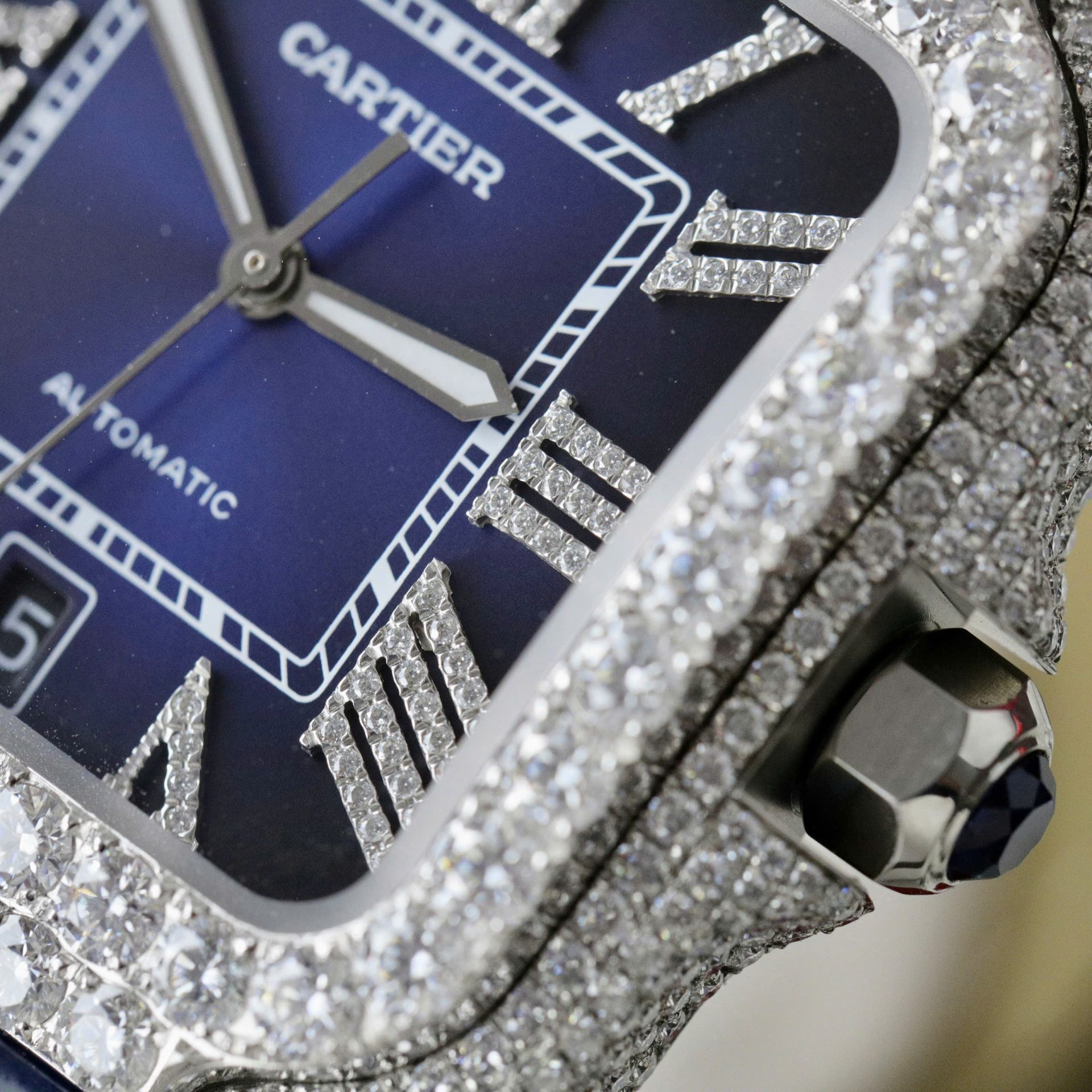 Cartier Santos Best Copies Watch Dial Blue Custom Diamonds Moissanite Hong Kong 39.8mm - Top club