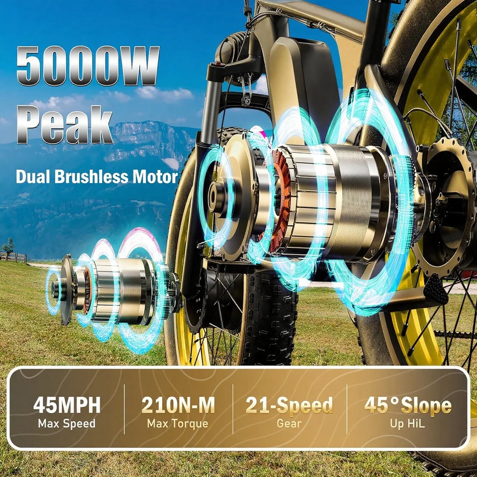 5000w Peak Dual Motor Electric Bike, 26" Fat Tire Shimano 21 Speed 45 MPH Commuter Mtb, 60V 25AH Front Suspension Ebike - Image 16