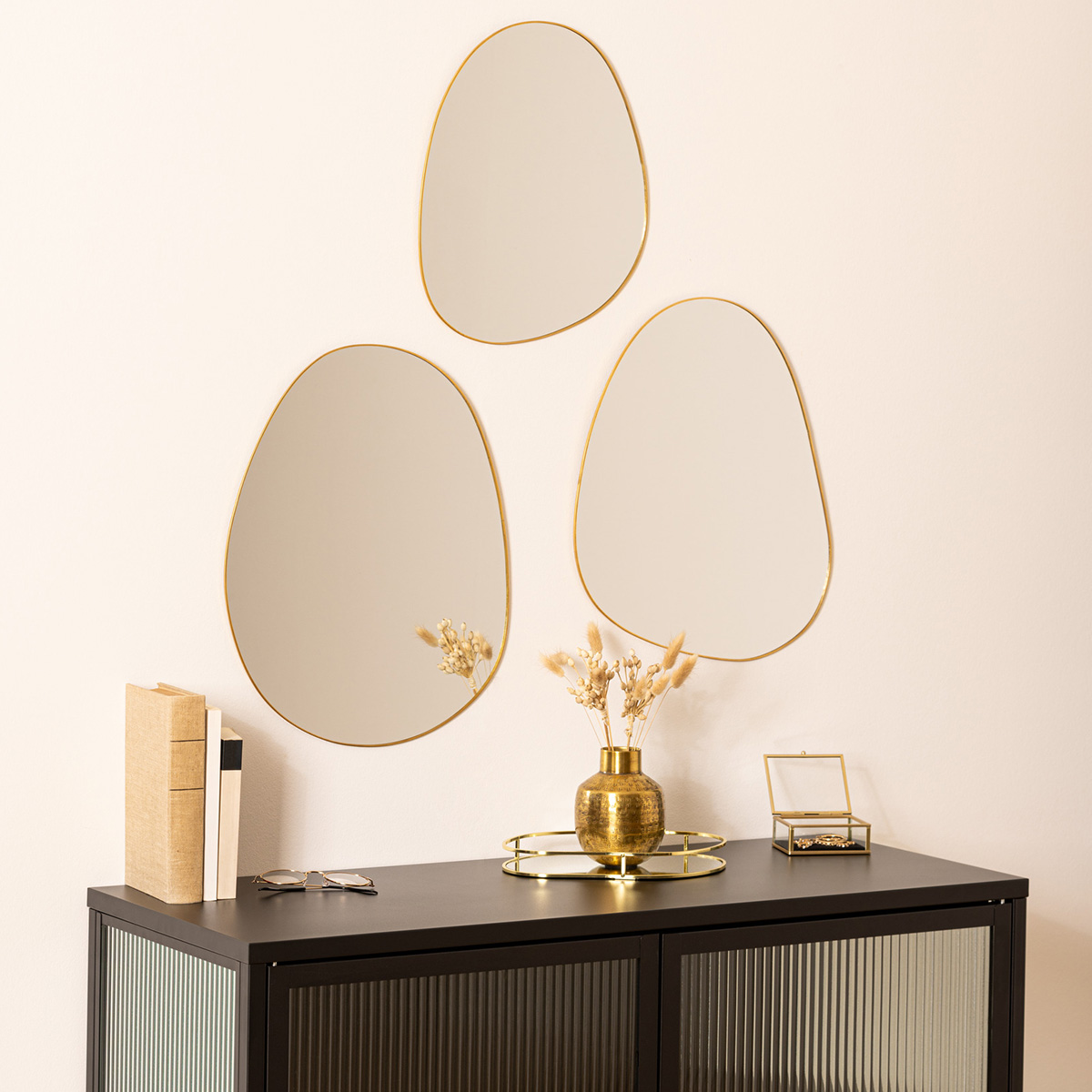Set of 3 "Lida" organic mirrors Golden metal, L.32/44.5/47 cm