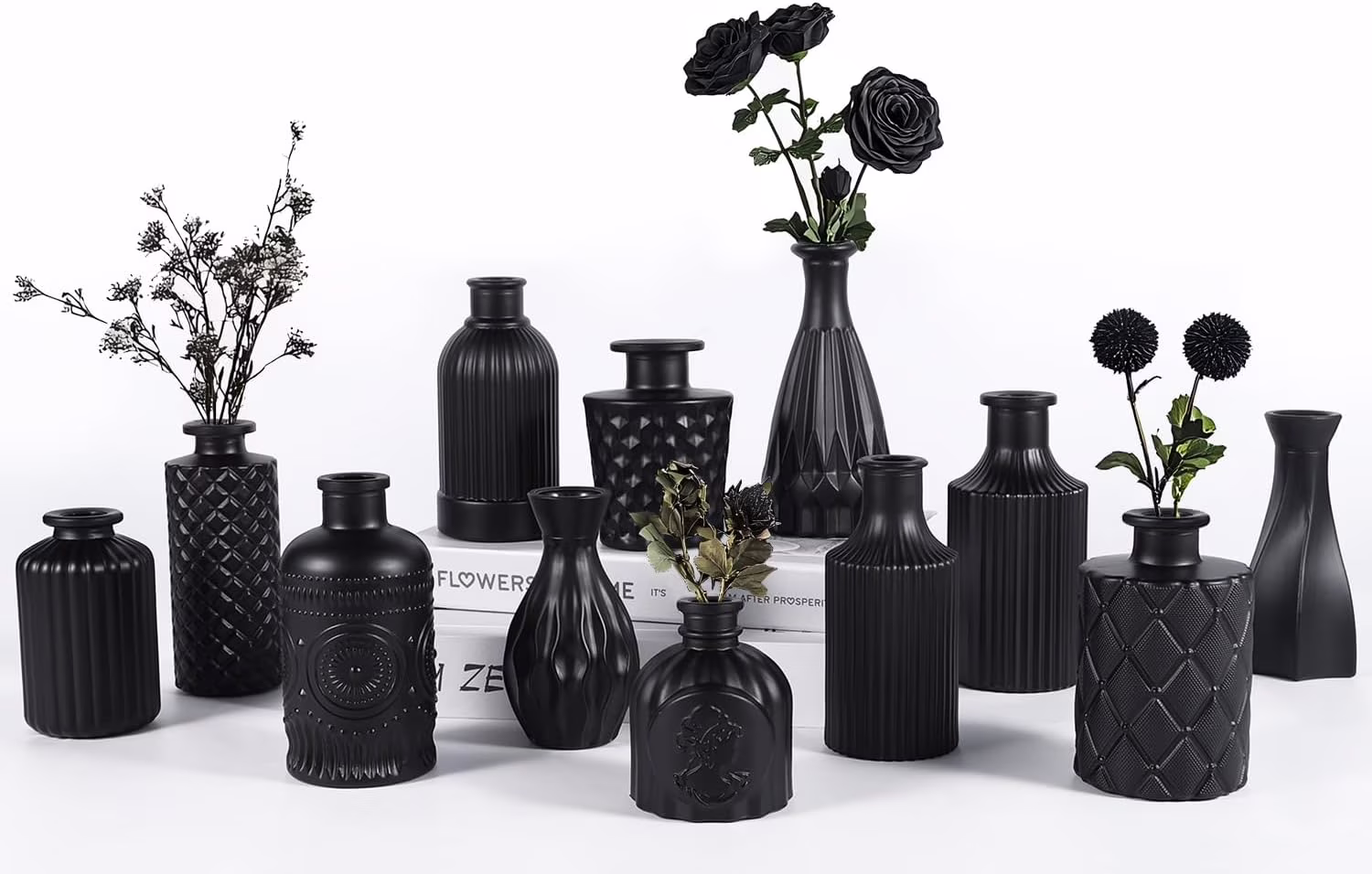 Mini Vintage Glass Bud Vases, Rustic Theme, Green & Black, Set of 12