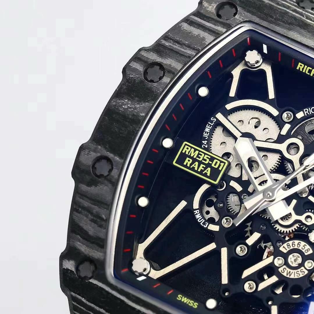 Richard Mille RM 35-01 Rafael Nadal Replica Swiss Watch – Skeleton Dial, NTPT Carbon Case, Black Rubber Strap - Elite Watch Atelier