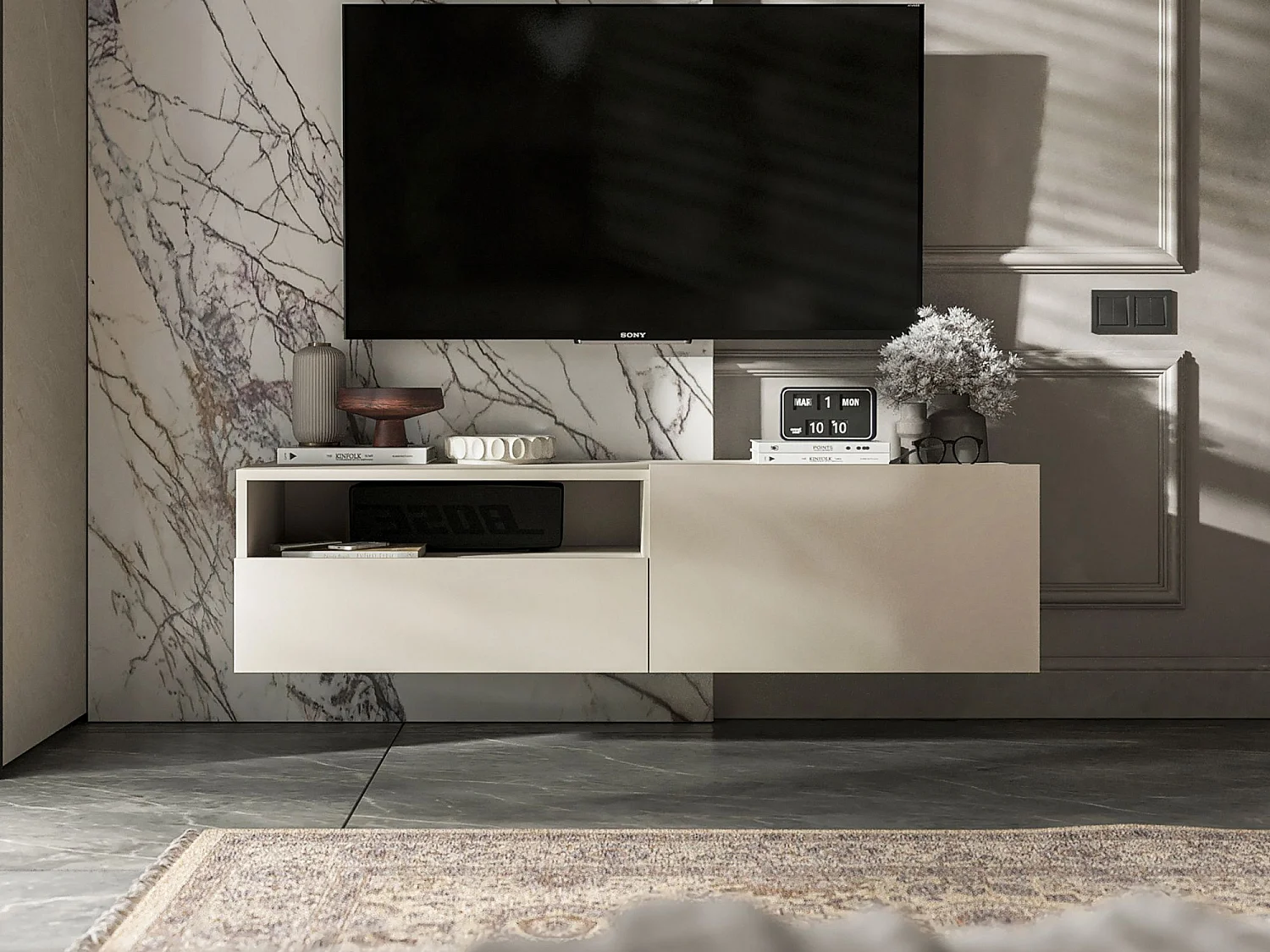 Meuble TV suspendu avec 1 portes et niche, tiroir - corps Cachemire mat, façades Cachemire mat - 120 cm