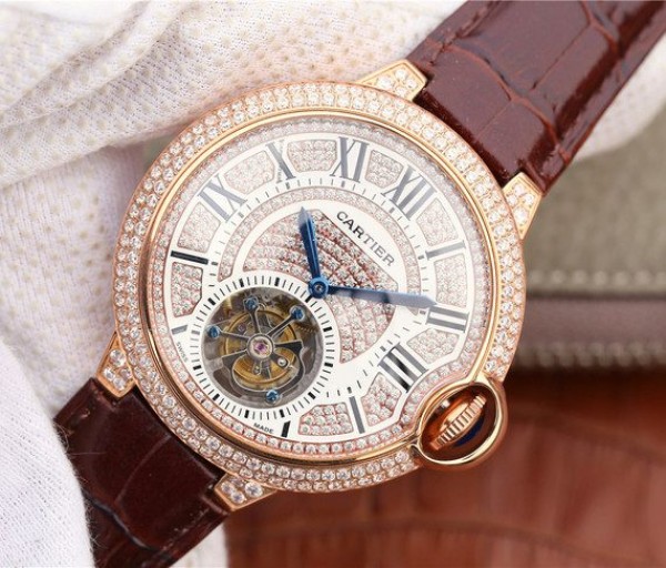Replica Cartier Ballon Bleu de Cartier Tourbillon RG Full Paved Diamonds Leather Strap - Elite Watch Atelier