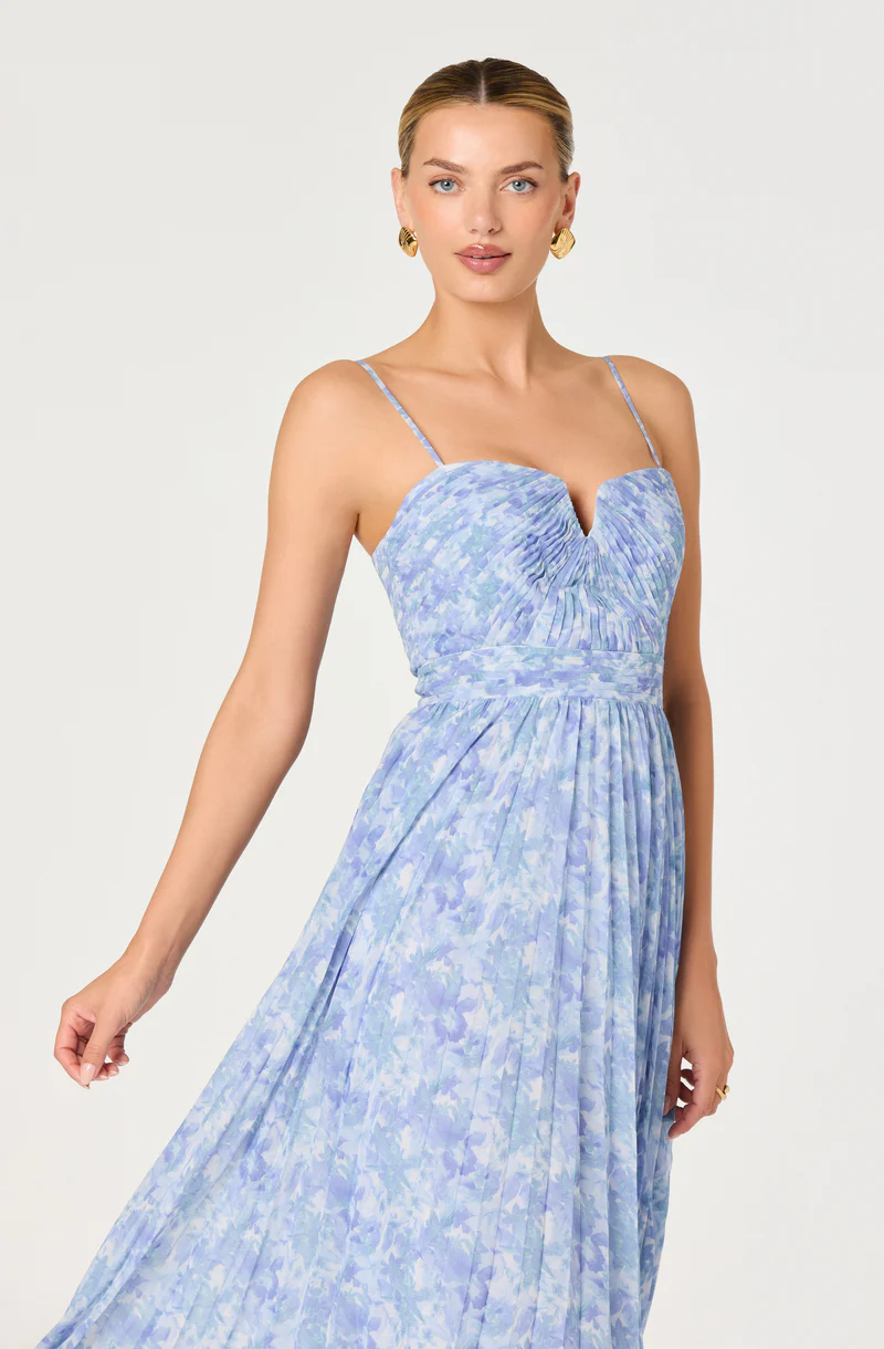 Bayley Floral Pleated Maxi Dress-Blue floral
