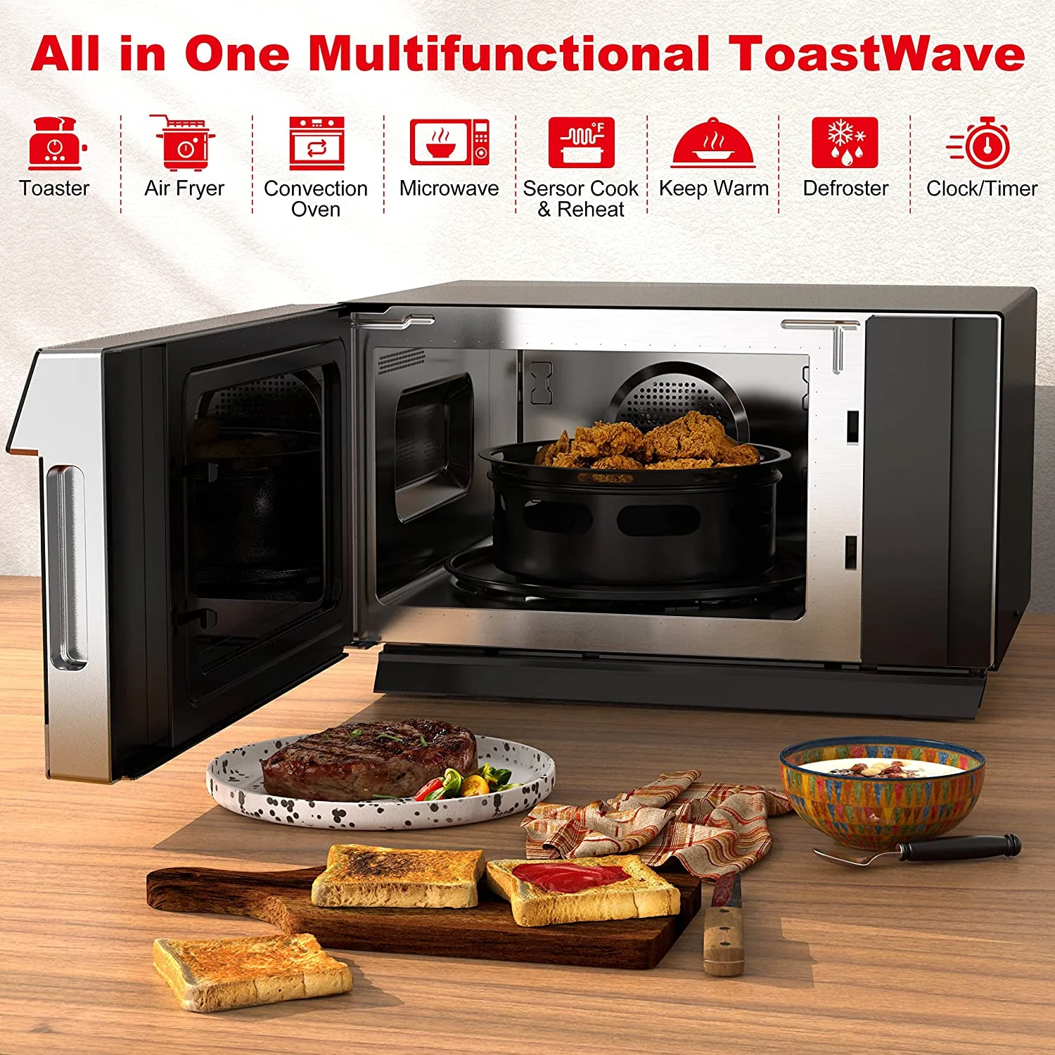 Galanz  4-in-1 ToastWave with TotalFry 360, Convection, Microwave, Toaster Oven, Air Fryer, 1000W,1.2 Cu.Ft, LCD Display, Cook, Sensor Reheat, Stainless Steel