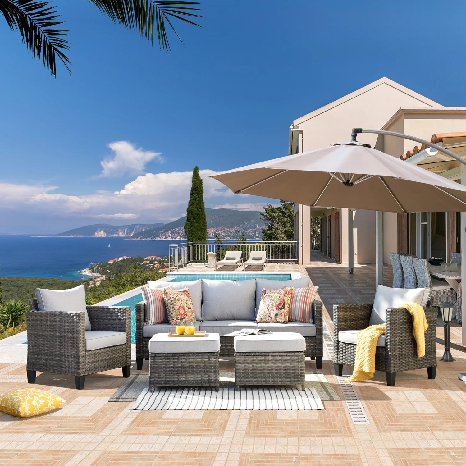 Ovios 5 Pieces Outdoor Patio Furniture Set Wicker Rattan Outdoor Conversation Comfortable Sectional Sofa with Steel Frame, Grey