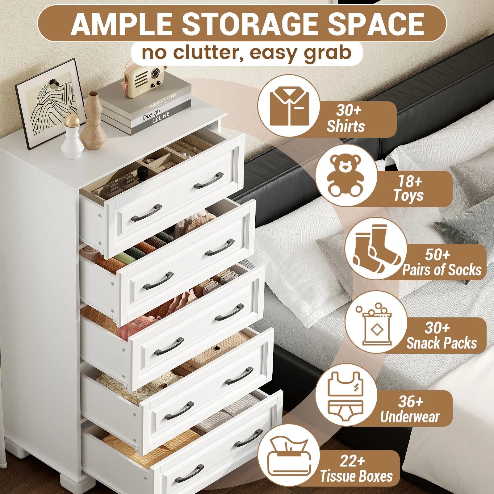AACULPET Dresser for Bedroom, White Wood Chest of Drawers for Living Room, Modern Storage Cabinet Organizer Dresser for Closet, Entryway, Hallway, Living Room