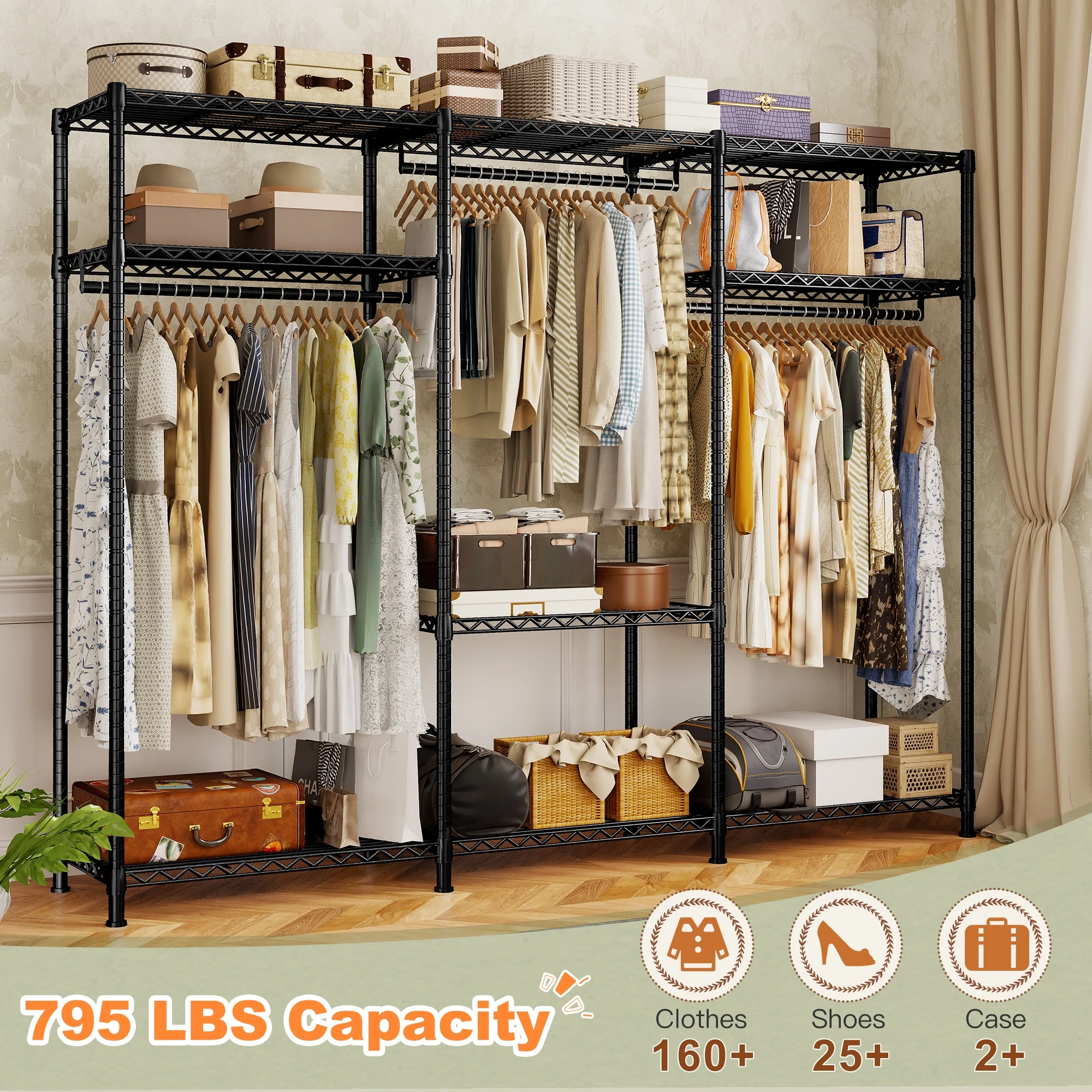 EnHomee Clothing Rack Portable Closet Organizer with 9 Shelves & 3 Rods,Heavy Duty Adjustable Wardrobe Rack 795 LBS Capacity��Black