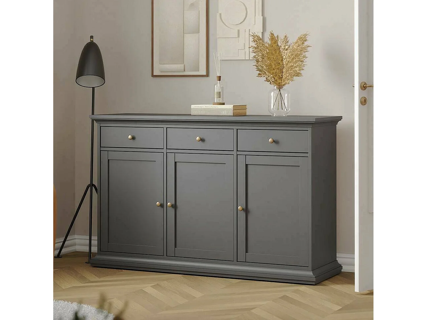 Buffet Asola, Buffet du salon, Commode de salon, Garde-manger de cuisine, 144x46 h92 cm, Gris