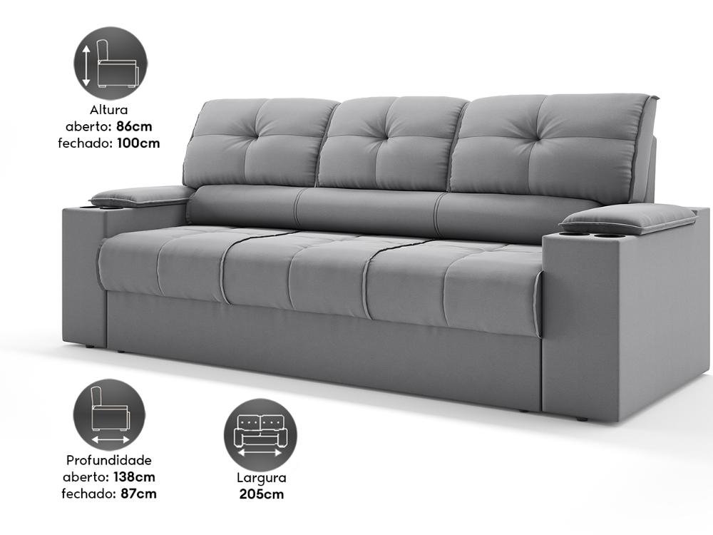 Sofá com Porta Copos Retrátil e Reclinável Tom 2,05m Velosuede - Netsofas - Cinza