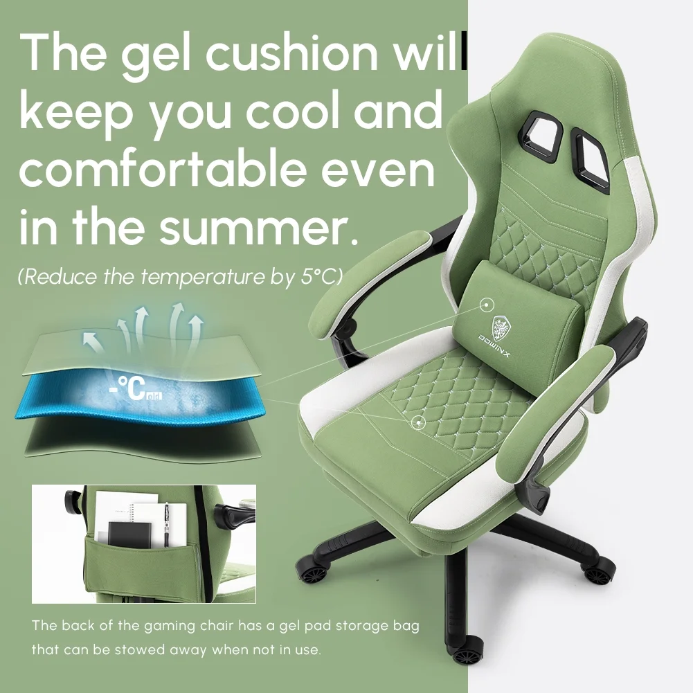 Dowinx Gaming Chair with Pocket Spring Cushion, Breathable Fabric Computer Chair with Gel Pad, Comfortable Office Chair with Storage Bag, Massage Game Chair with Footrest, Green - Image 4