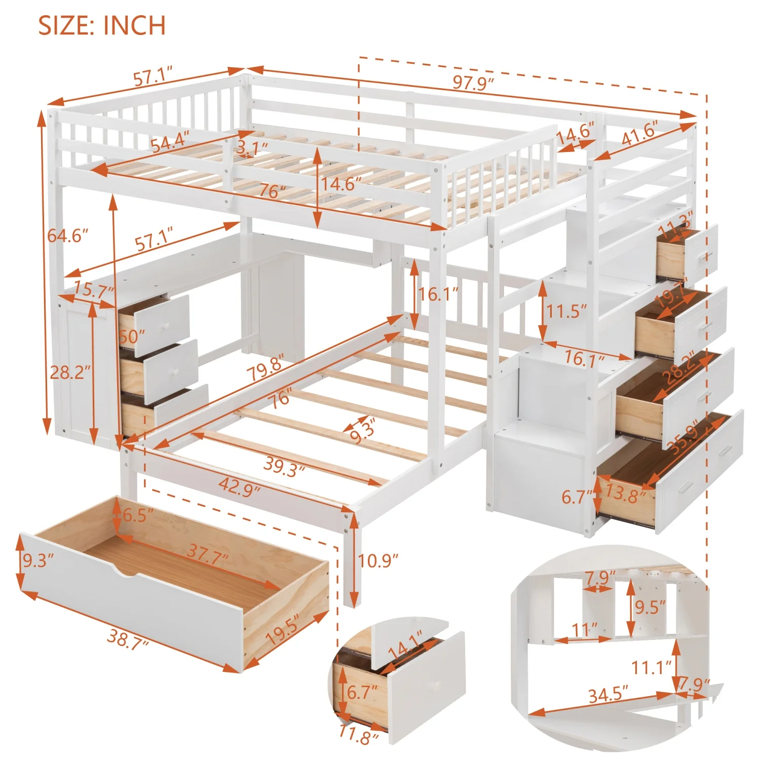 Harper & Bright Designs Full Over Twin Bunk Bed with Desk, Drawers and Shelves, L-Shaped Bunkbeds with Storage Staircase for Adults Bedroom, White