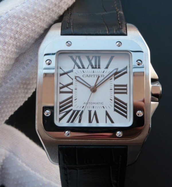 Replica Cartier V6 Santos 100 41mm White Dial Black Leather Strap A2824 - Top club
