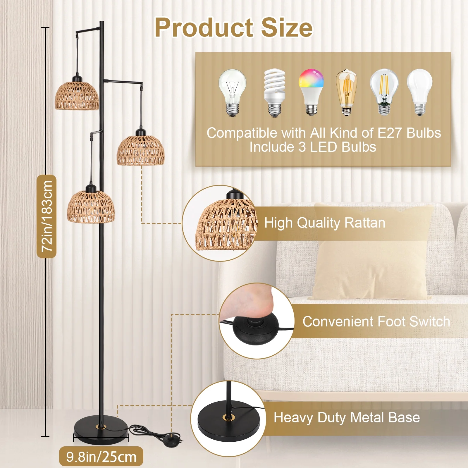 SERBASIC Boho floor lamp with Rattan Lampshades and Sturdy Metal Base for Living room, 3 Lights Industrial Farmhouse Standing Tall Lamp for Bedroom, Wicker Rustic Floor Lamp with 3 PCS Bulbs
