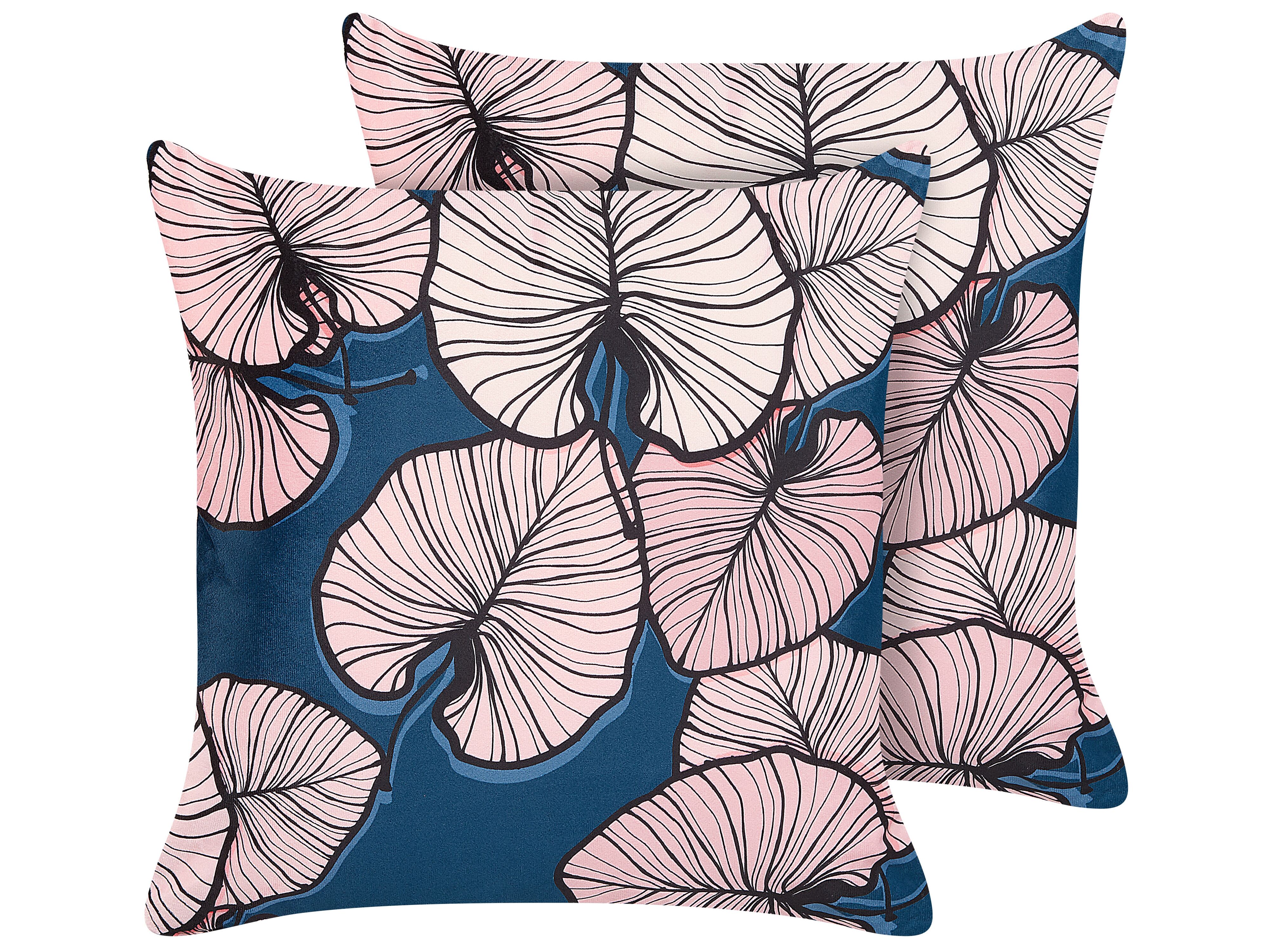 Set of 2 Decorative Cushions CHRYSANTHEMUM Velvet 45 x 45 cm Dark Blue Plant Pattern