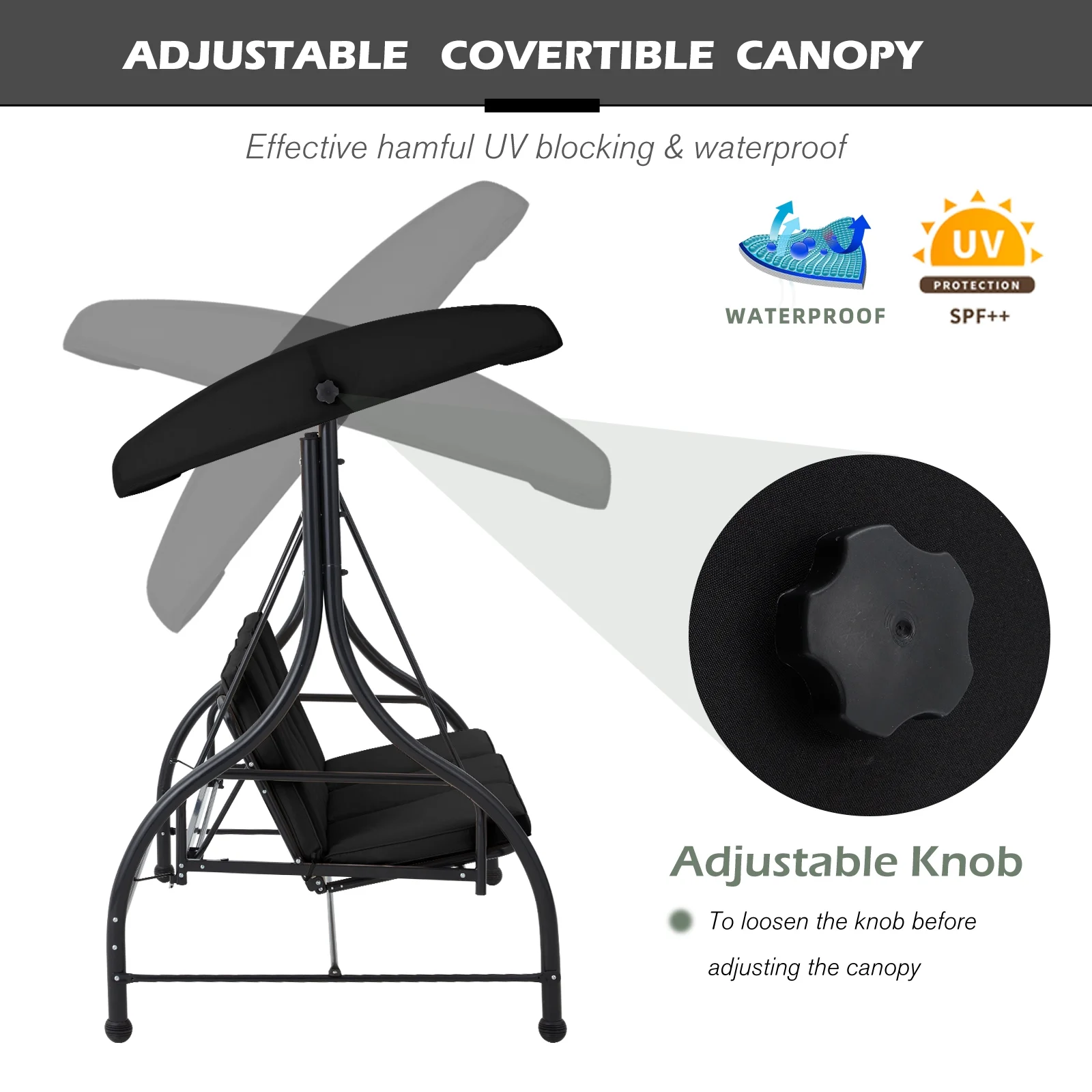 AECOJOY 3 Person Canopy Steel Porch Swing, Converting Swing Glider Hammock-Beige - Image 31