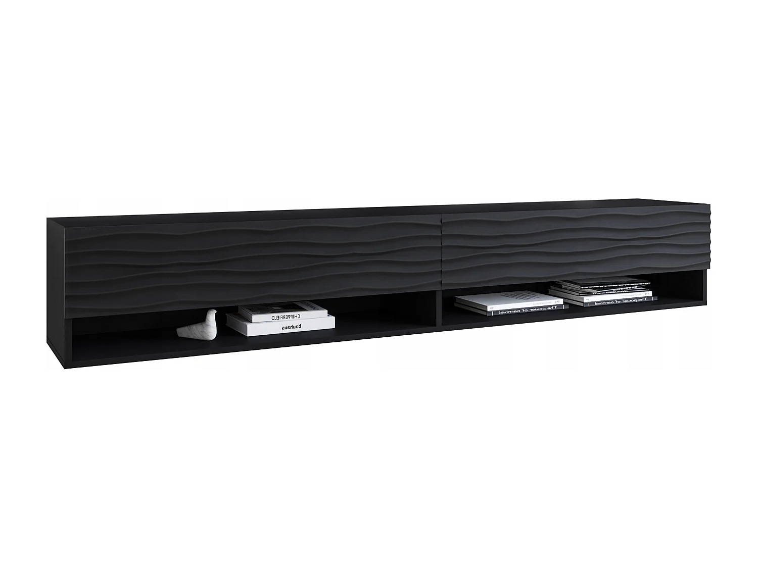 Meuble TV moderne 180 cm – corps mat, façades MDF ondulées, sans poignées, posé ou suspendu, couleur graphite noir mat