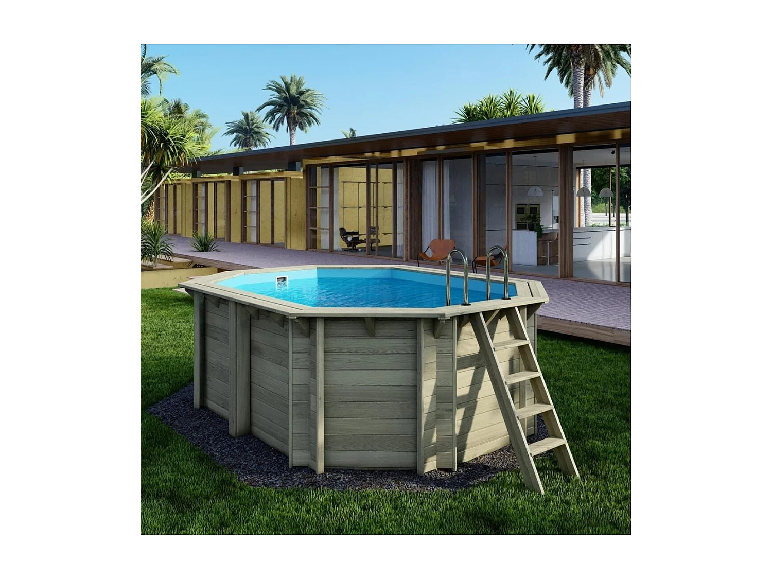 Piscine en bois NEMO 4.3 x 3 - H.1.31 m, bleu pâle, fixations à sceller - BAS7303OSPI - ALTANKA