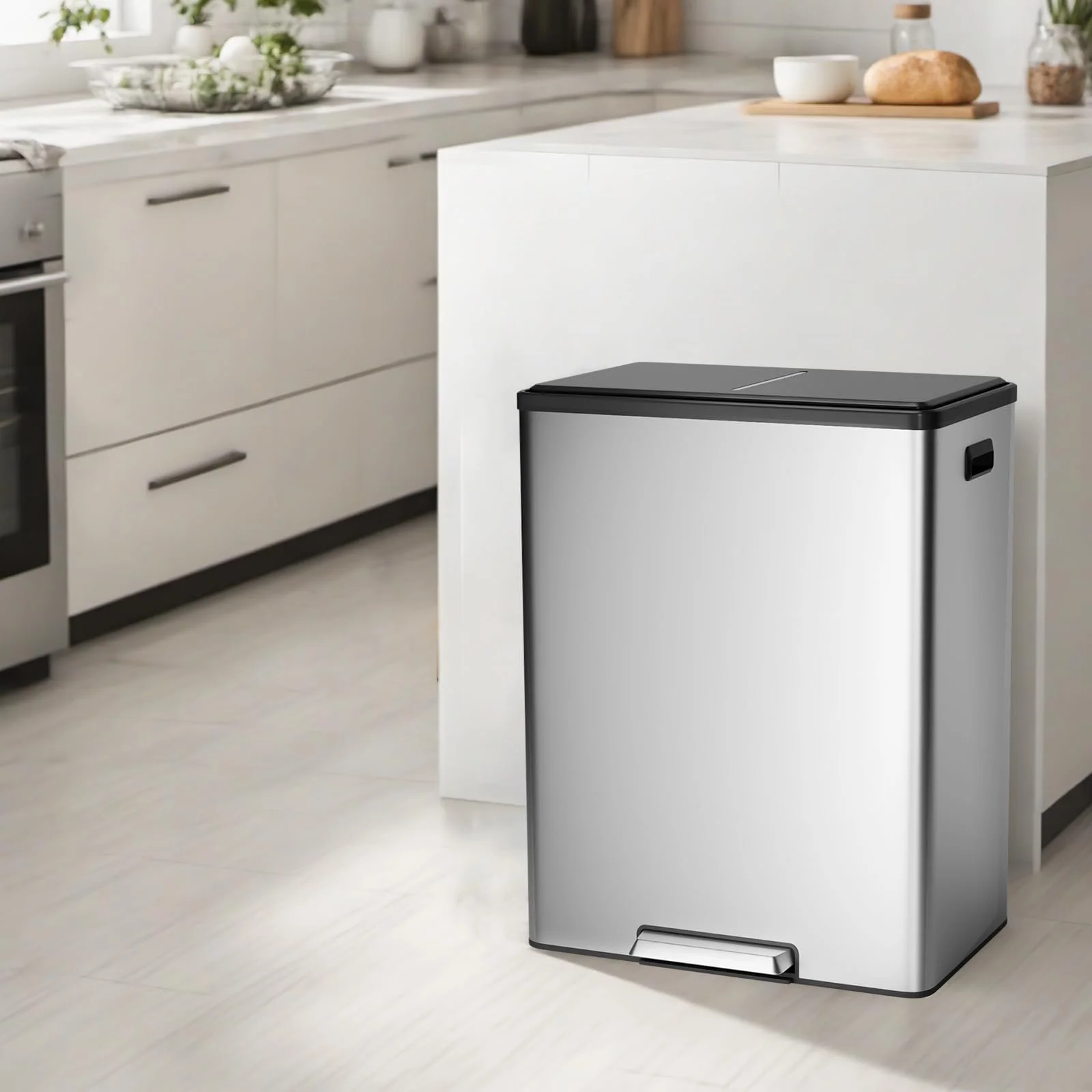 JoanKaren 16 Gallon Stainless Steel Dual Compartment Step Kitchen Trash Can with Lid & 2 Removable Wastebaskets,Kitchen Garbage Can & Recycling Bin,Black - Image 16