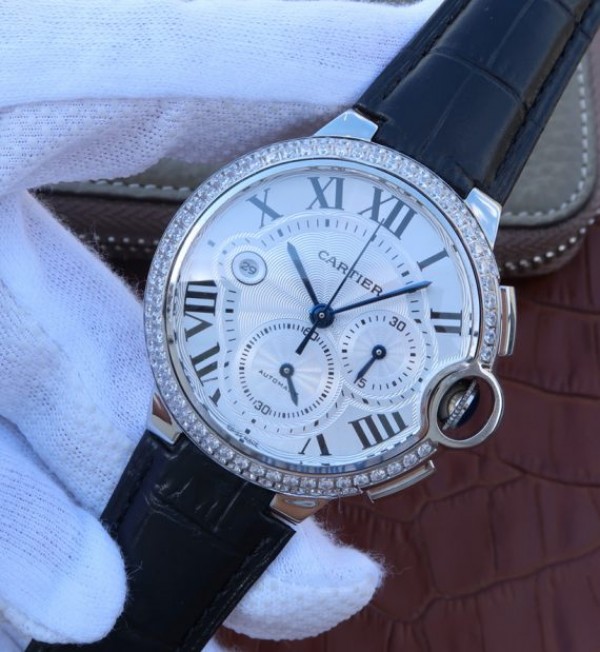Replica Cartier Ballon Bleu De Cartier Chrono SS White Dial Diamonds Bezel A8101 - Elite Watch Atelier