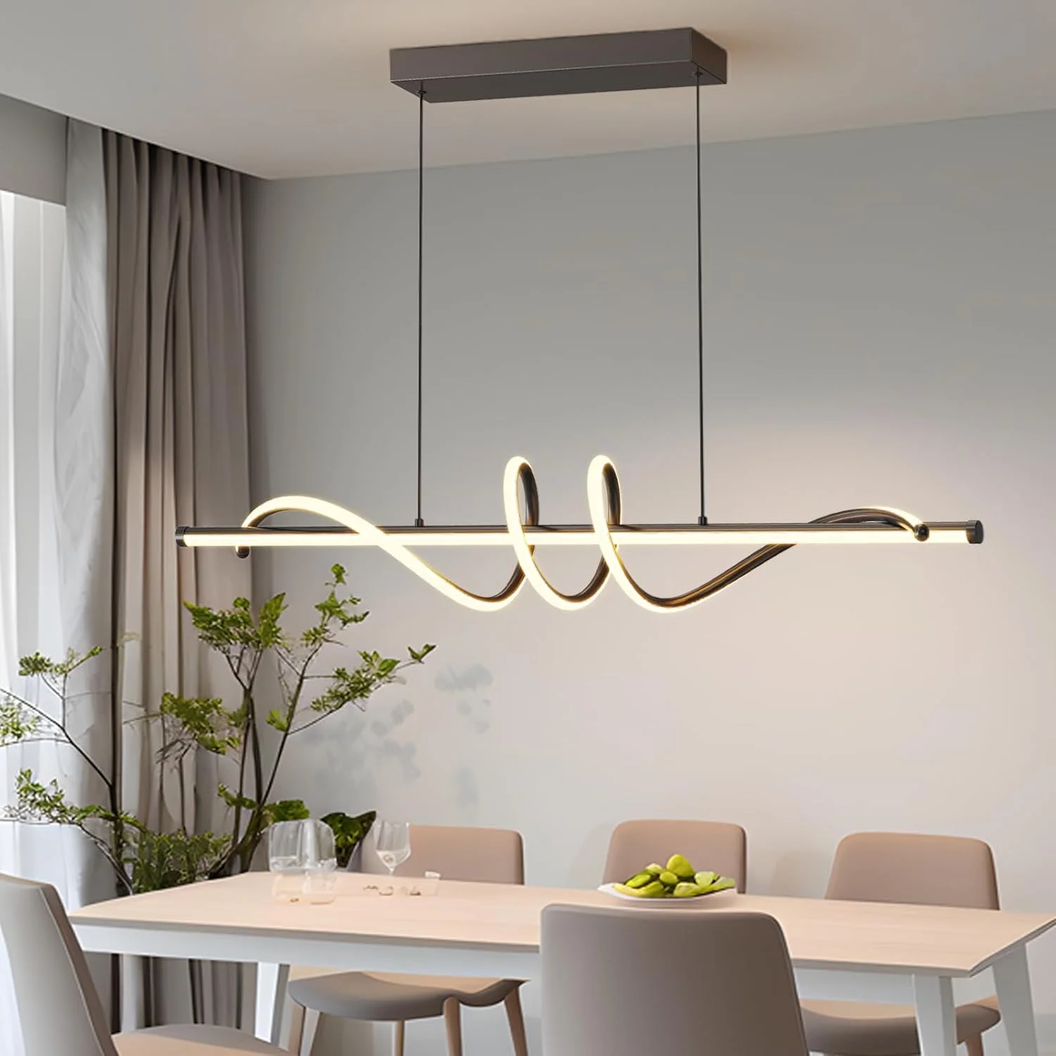 Modern Led Chandelier Dimmable Desk Linear Pendant Light with Remote Control Dimmable 3 Color Mode & Brightness Ceiling Lamp Dining Light Fixture for Kitchen Dining Room 39inch Black