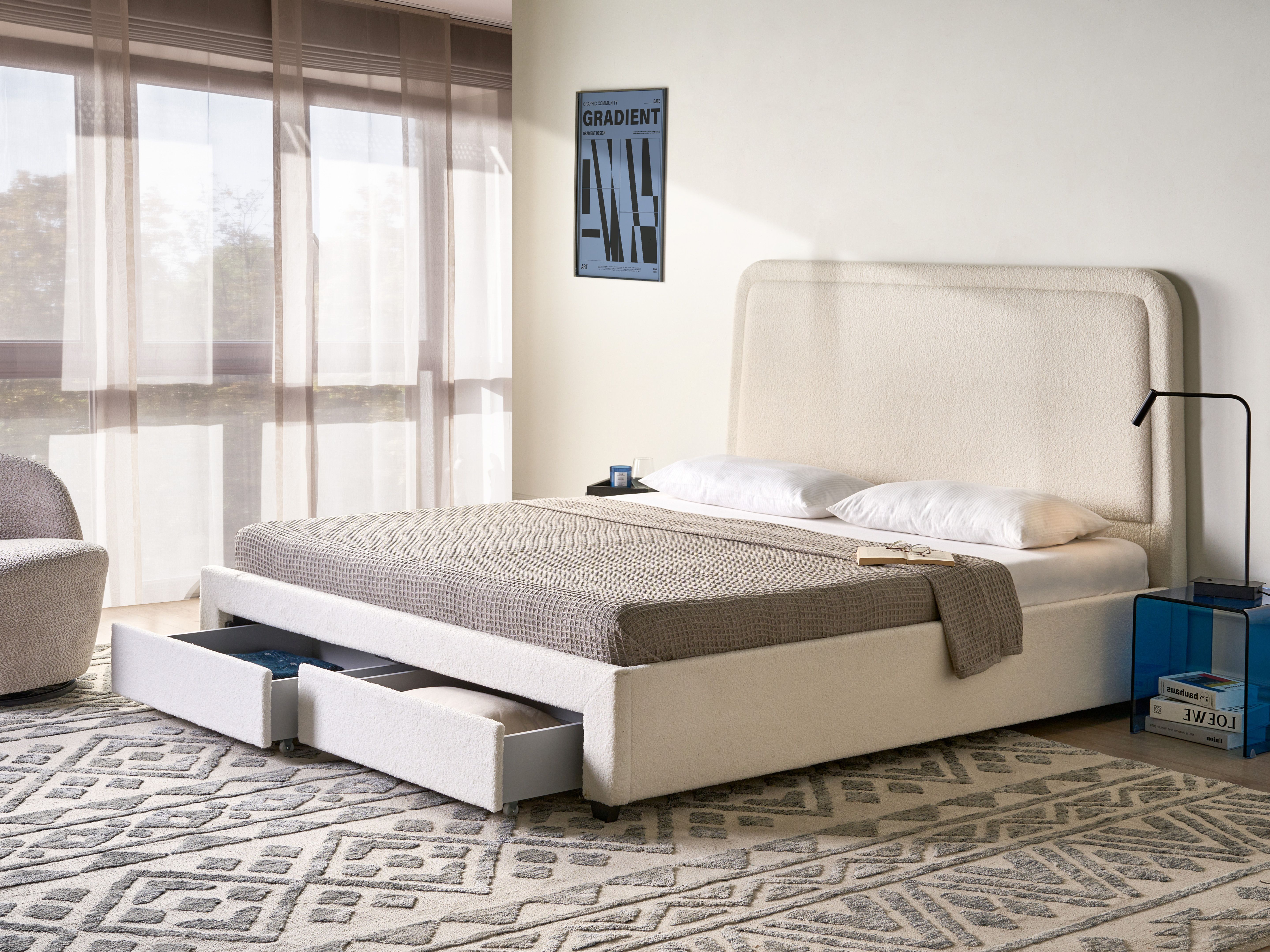 Bed with Storage Drawers Boucle SARDENT 180 x 200 cm (EU Super King) Off-White