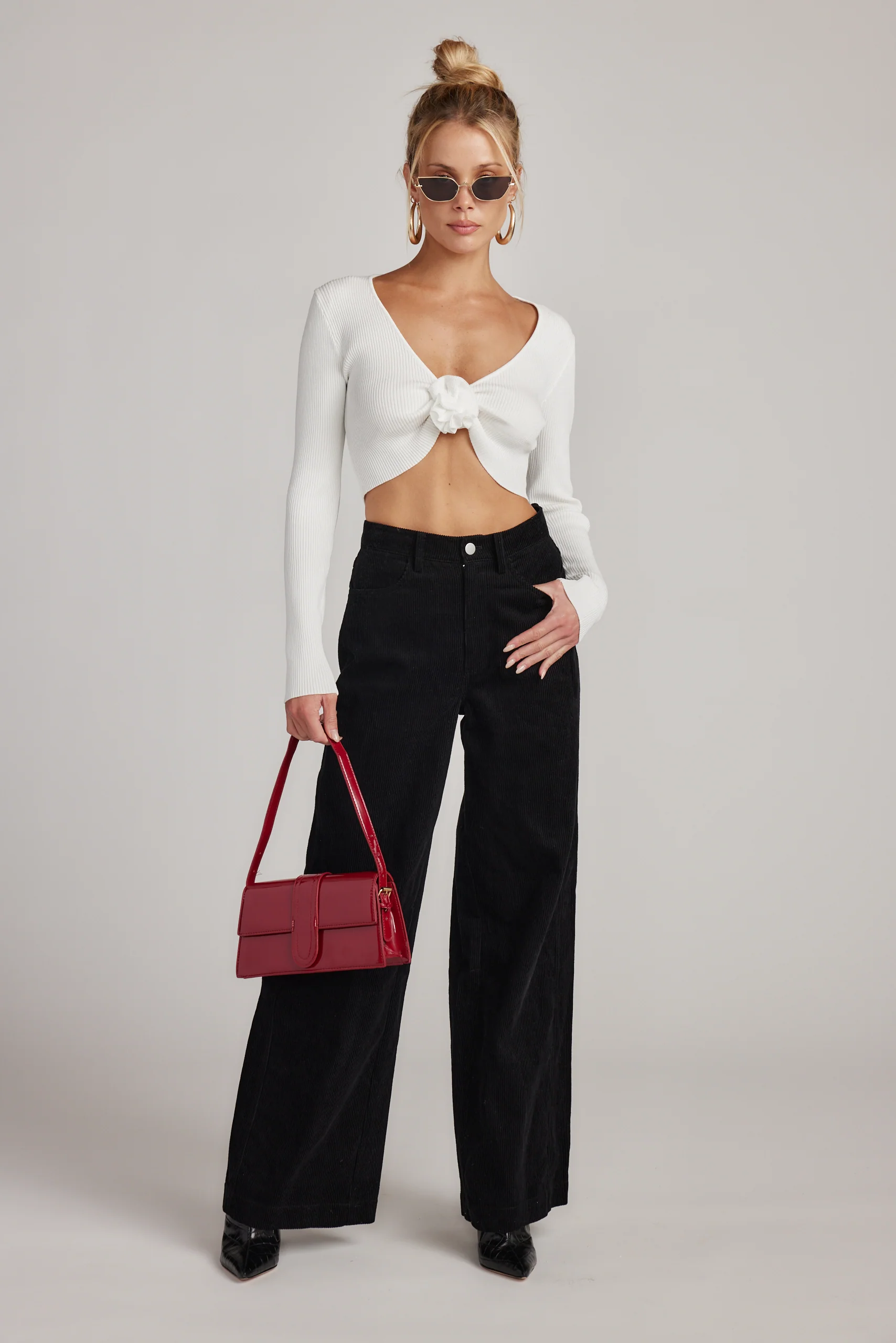 Marie White Long Sleeve Rosette Top