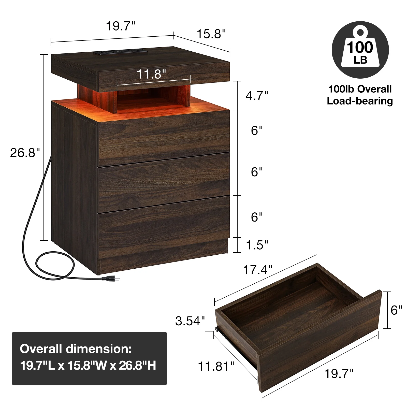 Hommpa LED Nightstand Wireless Charging Station USB Type C Outlets Bedside Table 3 Drawers Black Night Table Modern Smart Nightstand High Gloss End Side Table for Bedroom Furniture 26.8" Tall - Image 20