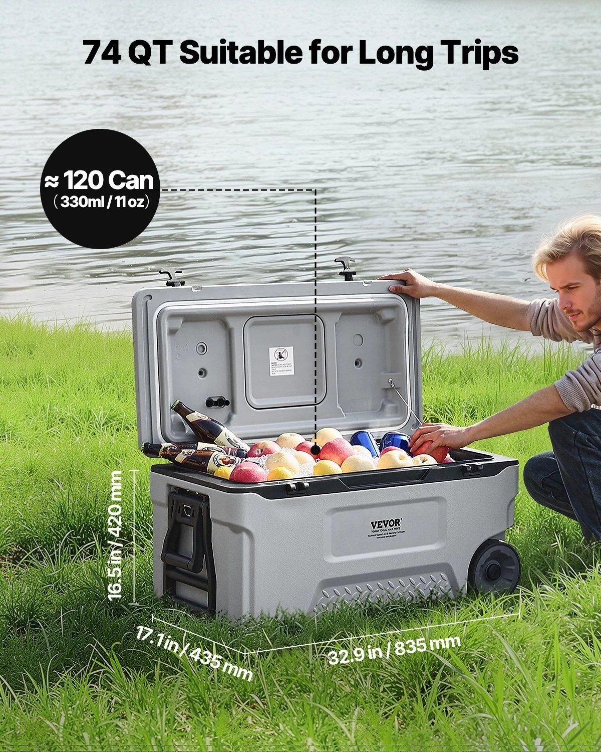 74 QT Wheeled Cooler - 120 Can Capacity Portable Ice Chest with Heavy-Duty Wheels & Cup Holders, Insulated Outdoor Cooler for Camping, Tailgating, Beach & BBQs, Leak-Proof Drain & Extended Cold Reten - Image 2