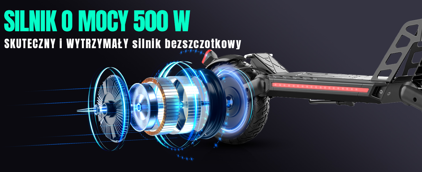 Wycinany widok silnika elektrycznego, przedstawiający elementy wewnętrzne z niebieskimi efektami świecenia. Tekst wskazuje, że jest to silnik bezszczotkowy o mocy 500 W, podkreślający moc i