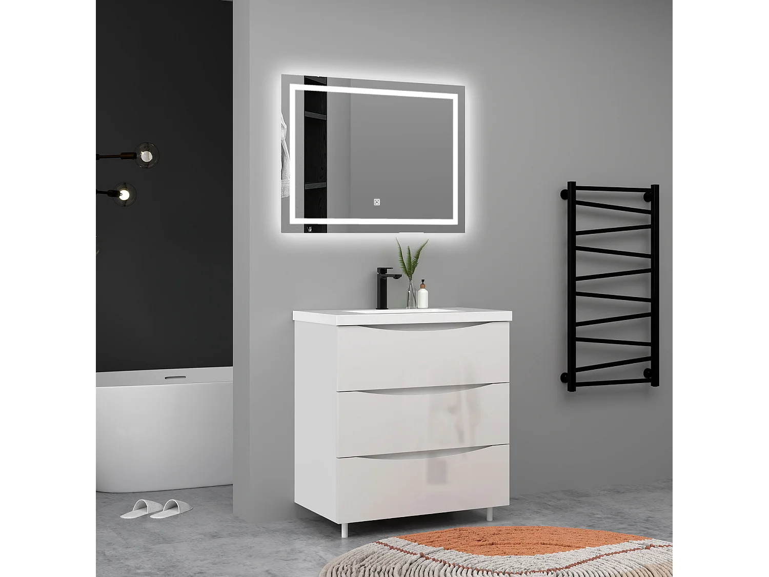 Meuble de salle de bain Brillant, Meuble de sol 80cm avec simple vasque + 3 tiroirs, Blanc
