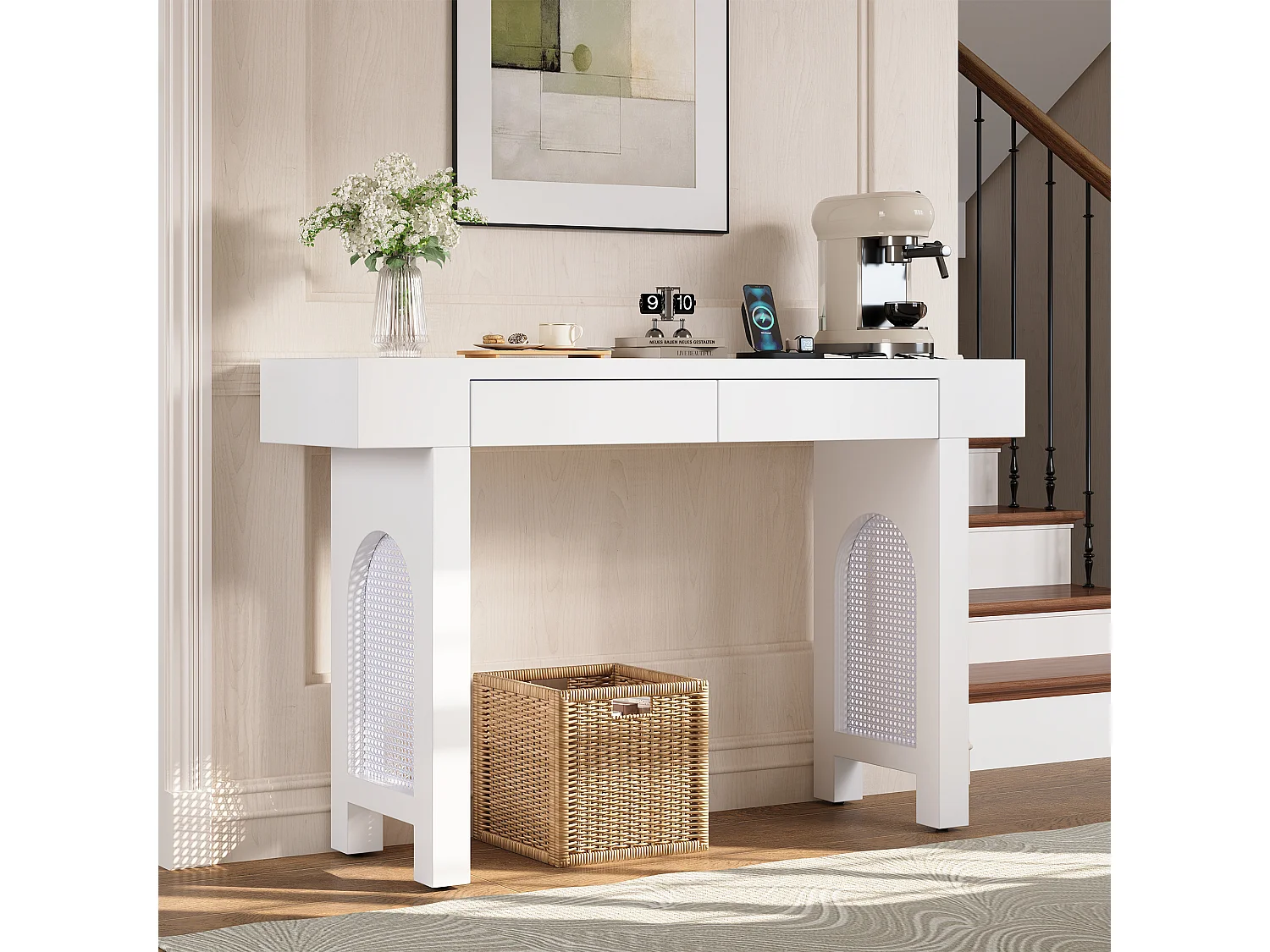 Table console d'entrée avec 2 tiroirs et ports USB/Type-C - Blanc