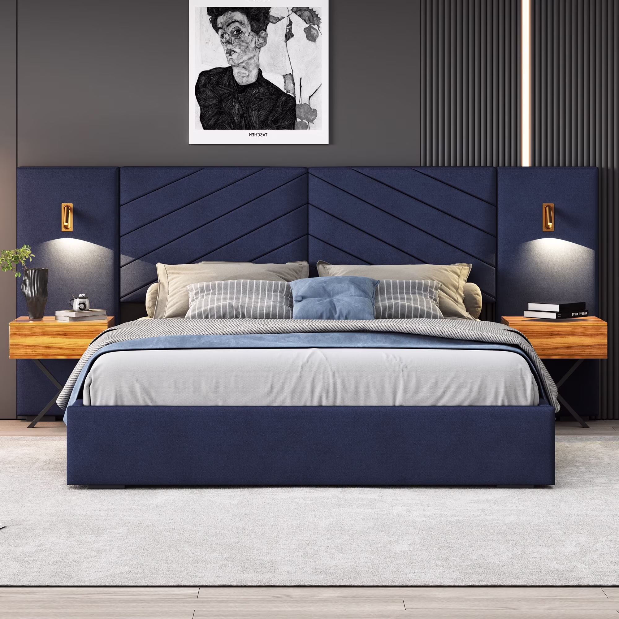 Holaki Queen Bed Frame with Adjustable Angle LED Light & Storage Shelves on Both Side,Modern Upholstered Wood Platform Bed W/Vertical Channel Tufted Wingback Headboard,for Bedroom,Blue