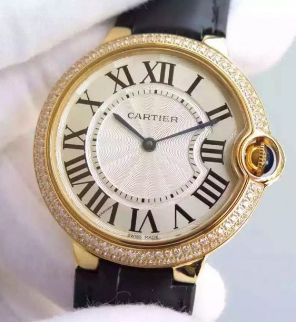 Replica Cartier Ballon Bleu 40mm YG Diamonds Bezel White Dial Leather Strap MIYOTA9015 - Elite Watch Atelier