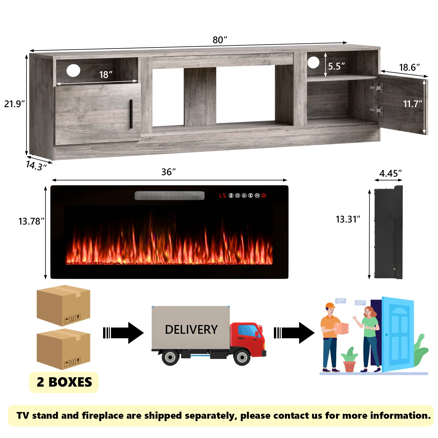 Waleaf Fireplace TV Stand with 36" Electric Fireplace Up to 80" TVs, Modern Wood Media TV Console with Highlight Cabinet, White - Image 39