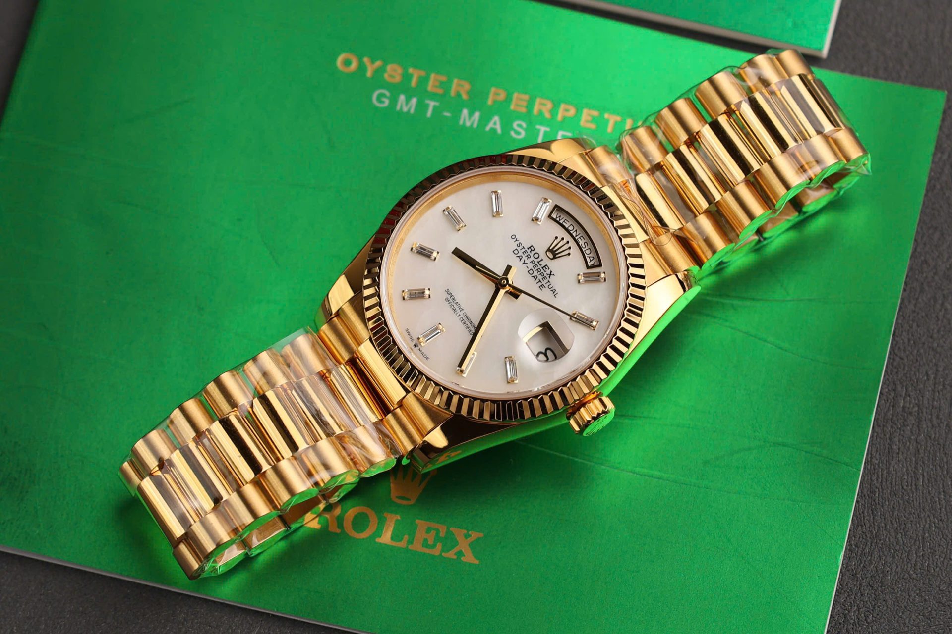Rolex Day-Date Replica Watch Dial Mother Of Pearl Custom Gold Wrapped 36mm - Elite Watch Atelier