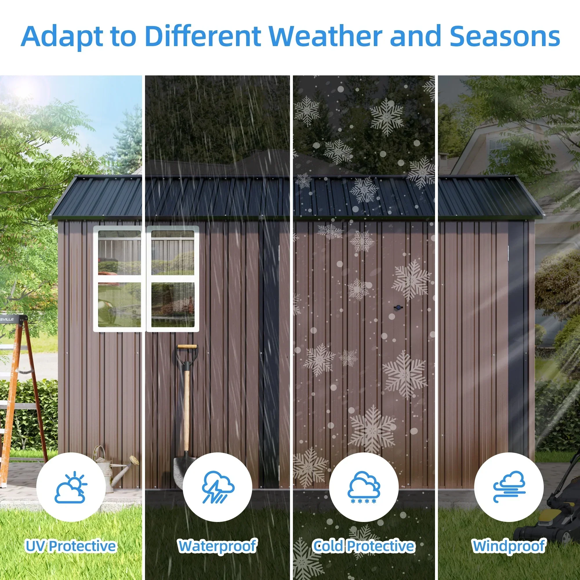 JAXPETY 10 x 10 ft Outdoor Metal Storage Shed With Window And Lockable Door - Brown - Image 7 JAXPETY 10 x 10 ft Outdoor Metal Storage Shed With Window And Lockable Door - Brown - Image 7