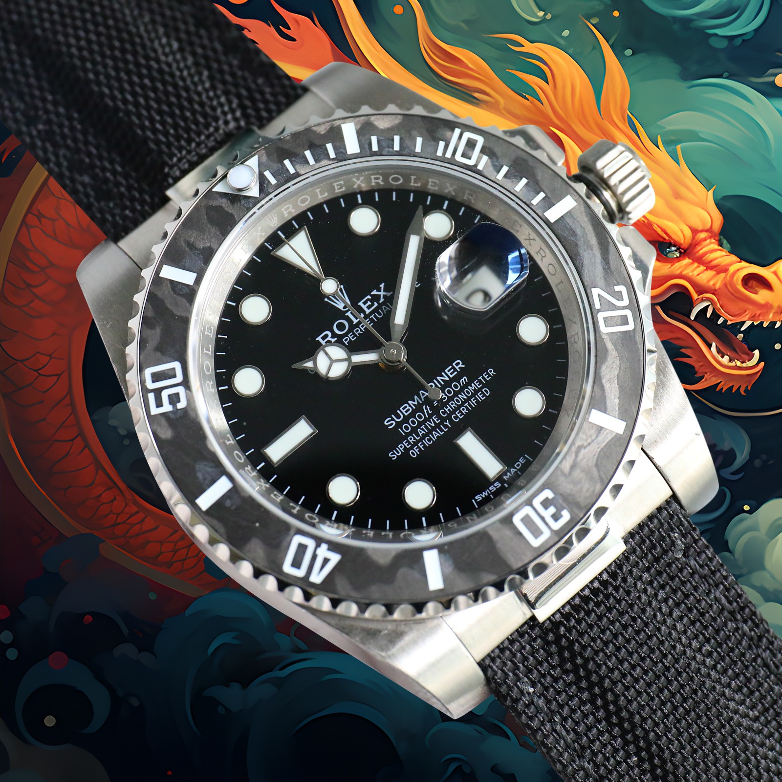 ROLEX Year of the Dragon Auspicious 🔥 🔥 Submariner Carbon Fiber Bezel - Velcro Strap - Black(1:1 replica) - Elite Watch Atelier