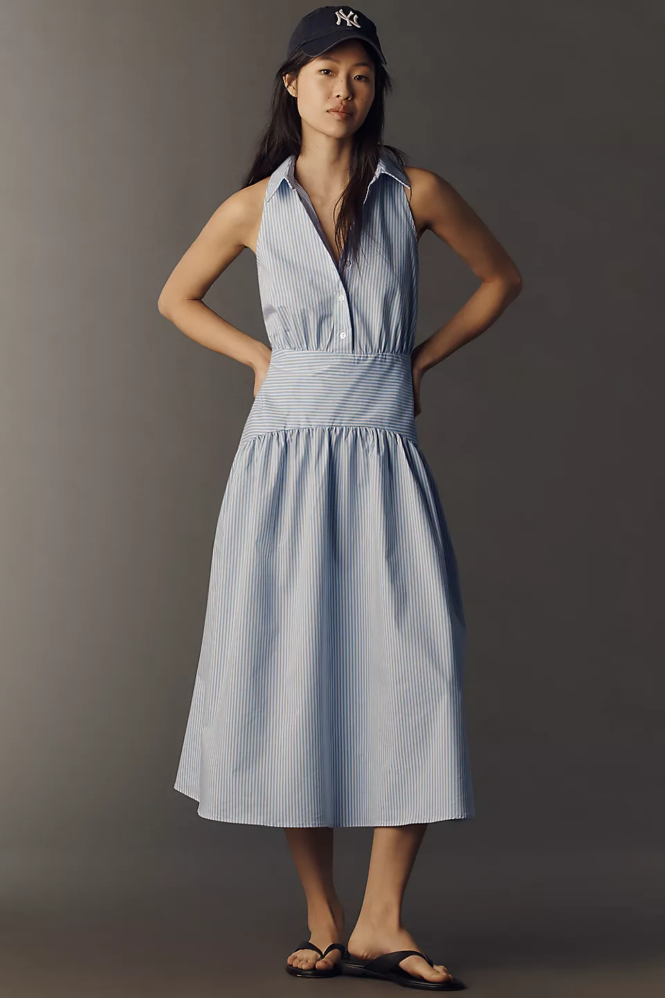 Tobie Drop-Waist Midi Shirtdress - Blue Stripe